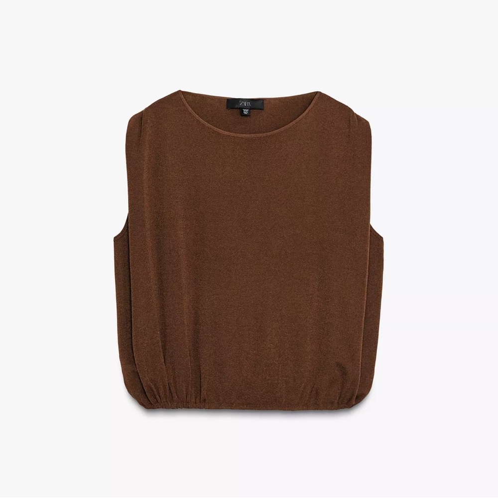 Zara NWT Elastic Hem Knit Sleeveless Top Chocolate Brown Size Large